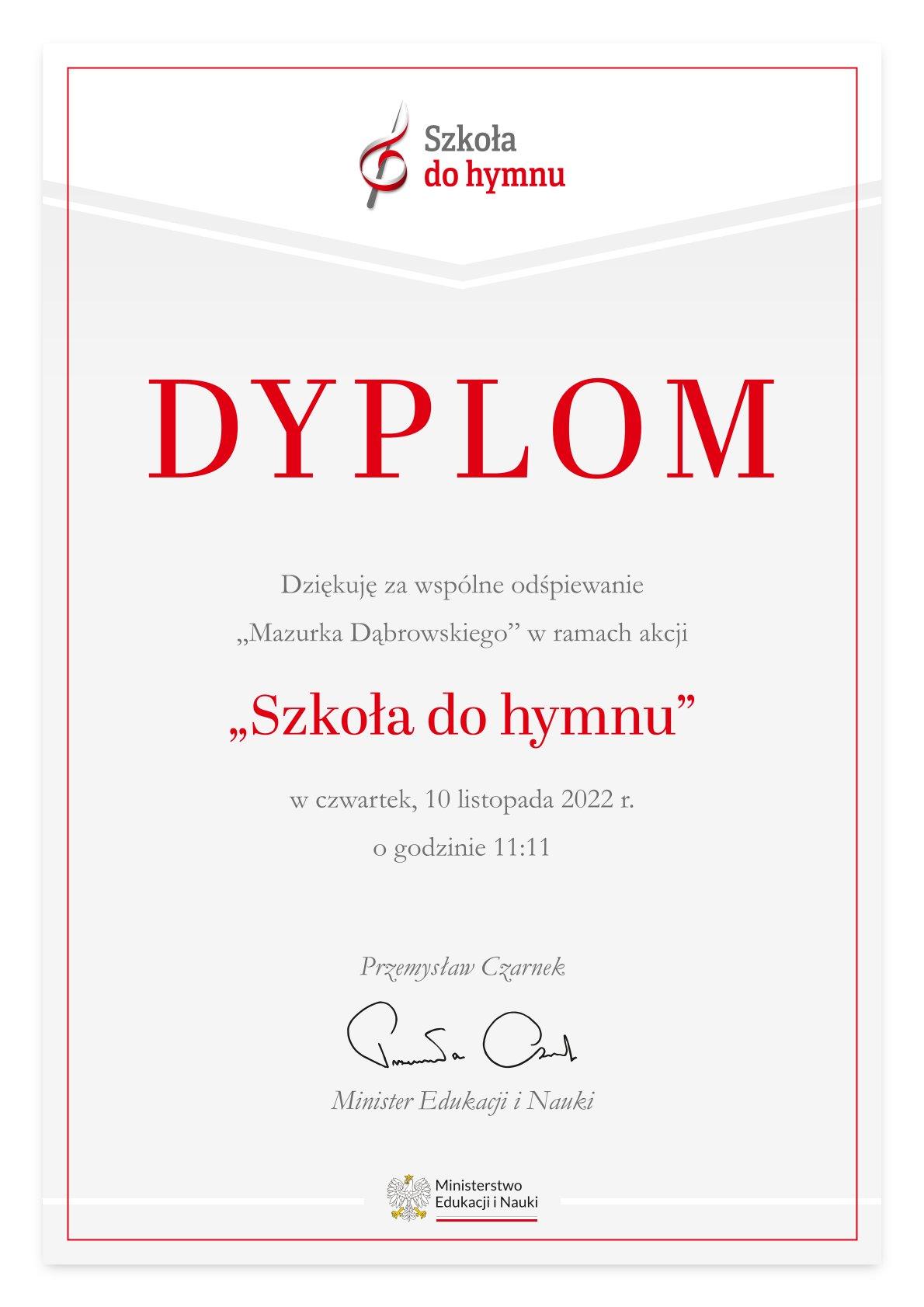 Dyplom Szkoła do hymnu